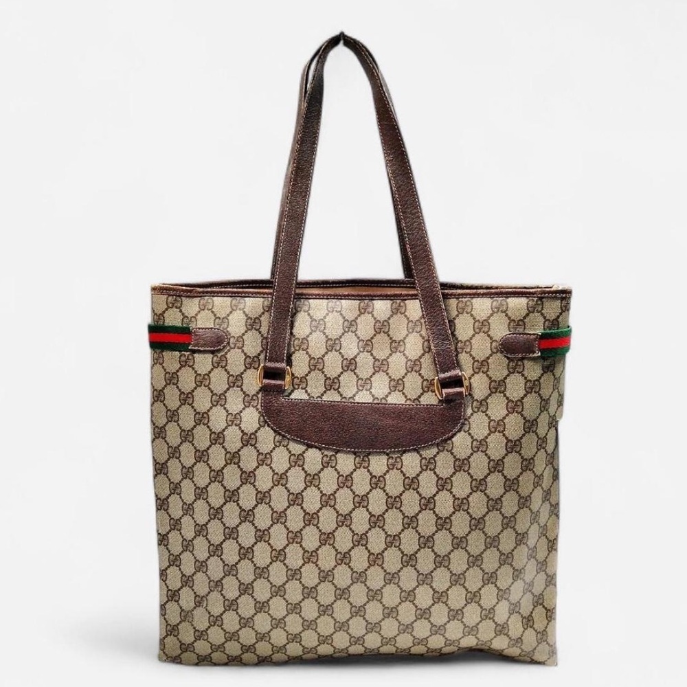 Gucci Vintage GG Canvas Web Stripe Tote Bag Brown Monogram Authentic - Picture 2 of 9